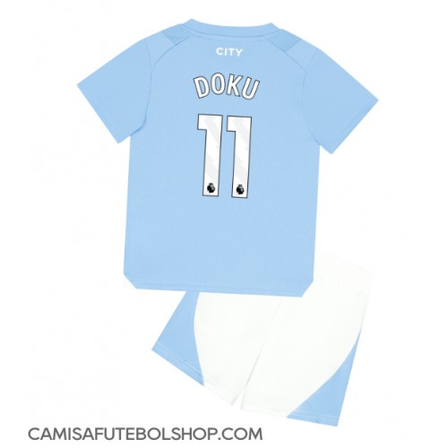 Camisa de time de futebol Manchester City Jeremy Doku #11 Replicas 1º Equipamento Infantil 2023-24 Manga Curta (+ Calças curtas)